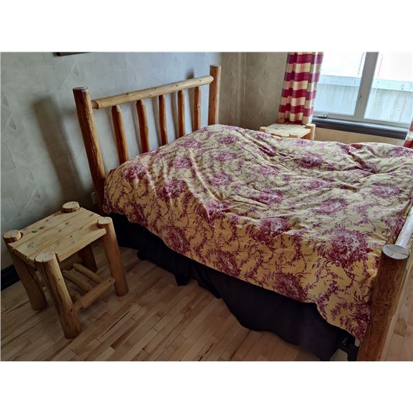 Rustic Wooden Bed & 2 Matching Side Tables