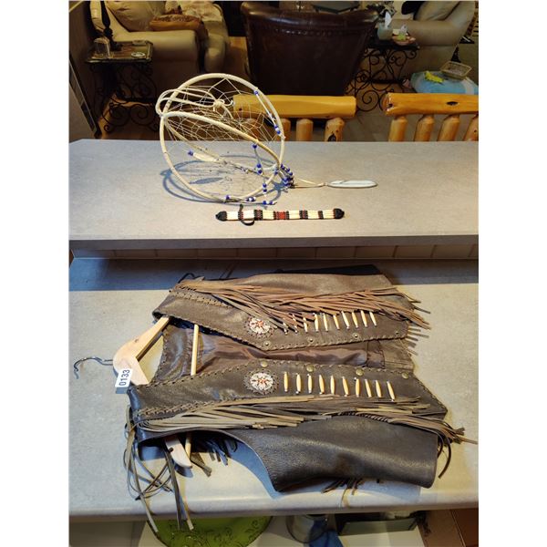Native American Style Leather Vest with Matching Necklace and Large 3D Dreamcatcher