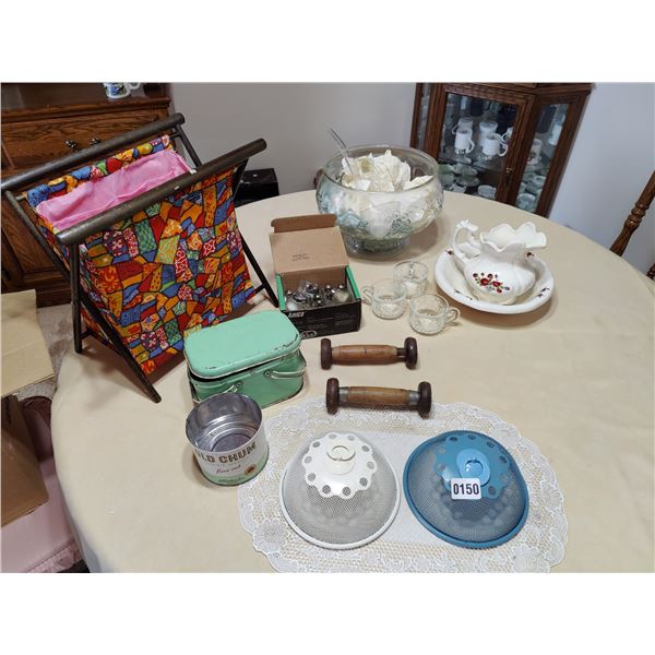 Antique 2lb Weights, Knitting Bag, Punch Bowl & Assorted Vintage Household Items