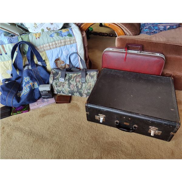 Set of 3 Vintage Suit Cases & Assorted Bags & Wallets