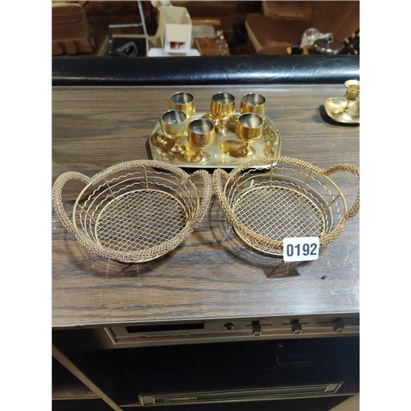 2 Brass Baskets & Brass Shotglass Tray (set of 6)