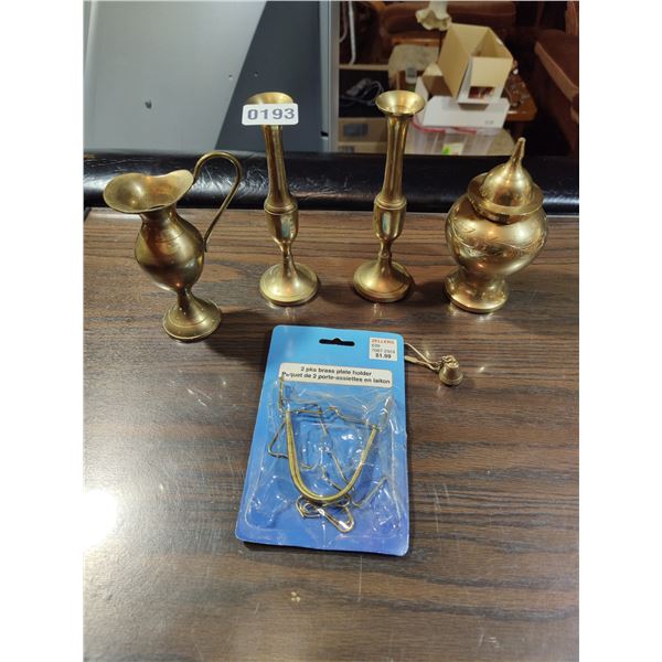 4 Brass vases, Small Brass Bell & 2 Plate Holders