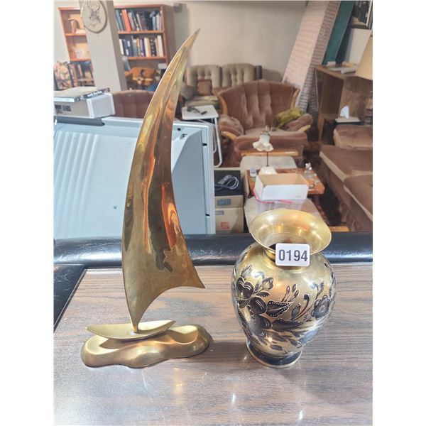 Brass Sail Boat Statue & Ornate Vase