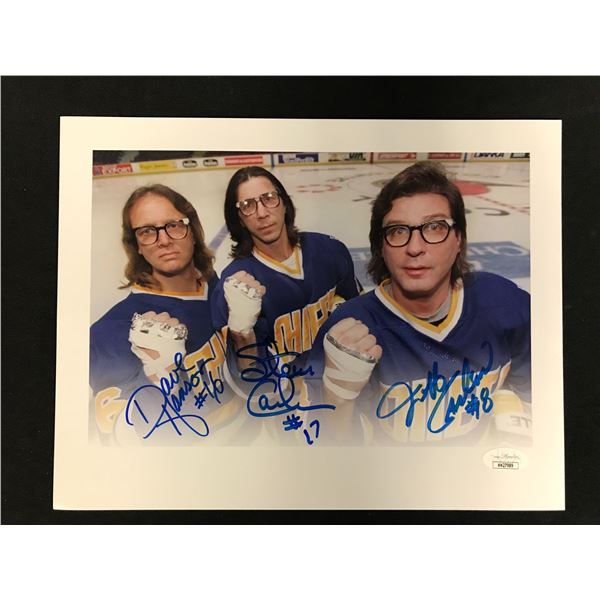 SLAPSHOT THE HANSON BROTHERS TRIPLE SIGNED 8 X 10 (RA COA)