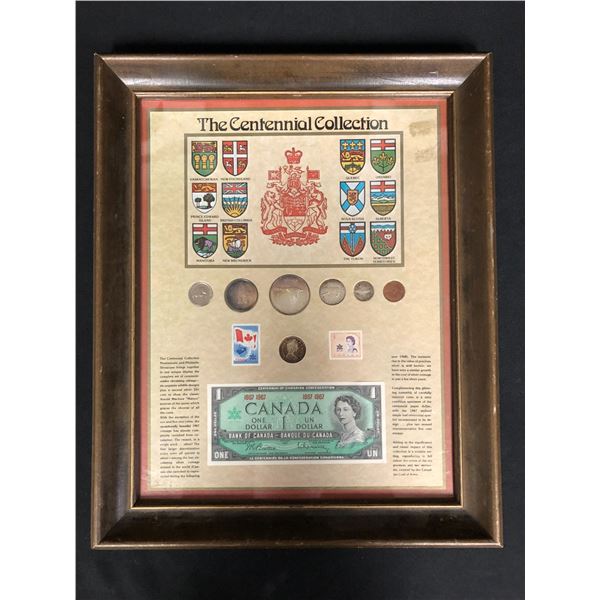 1967 CANADA THE CENTENNIAL COLLECTION FRAMED COINS, STAMPS, BILL  $ 60 IN SCRAP SILVER ALONE