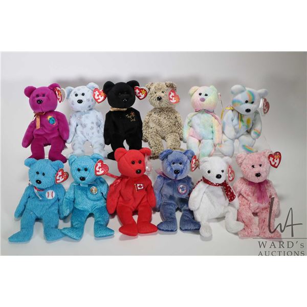 Twelve collectible Ty Beanie Babies including Harry, Cheery, Groovy, Flaky, The End, Millennium, 200