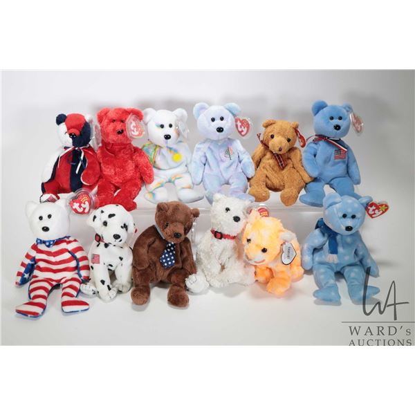 Twelve collectible Ty Beanie Babies including 1999 Holiday Teddy, Sandals, Dundee, Liberty, Hero, Re