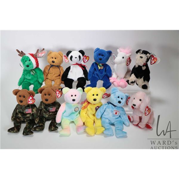 Twelve collectible Ty Beanie Babies including Clubby, Fuzz, 2002 Holiday, Pretzels, Fortune, Avalon,