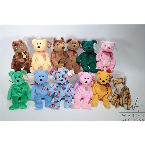 Twelve collectible Ty Beanies Babies including Union, America, Eggs, Poopsie, Dublin, India, Champio