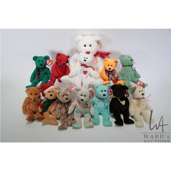 Twelve collectible Ty Beanie Babies including Celebrate, Valentino, Teddy, Shamrock, Wallace, Mistle