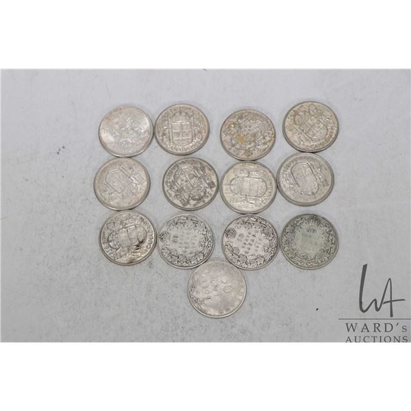 Selection of Canadian 50 cent pieces including one each of 1950, 1951, 1952, 1953, 1954, 1956, 1957,