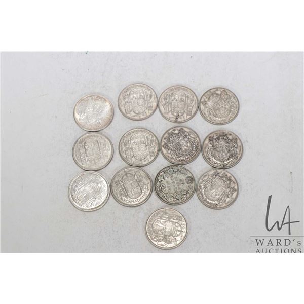 Selection of Canadian 50 cent pieces including one each of 1950, 1951, 1952, 1953, 1954, 1956, 1957,