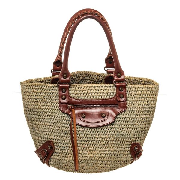 Balenciaga Green Canvas Wicker Tote Bag