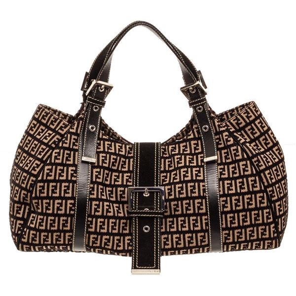 Fendi Brown Zucchino Monogram Leather Trim Shoulder Bag