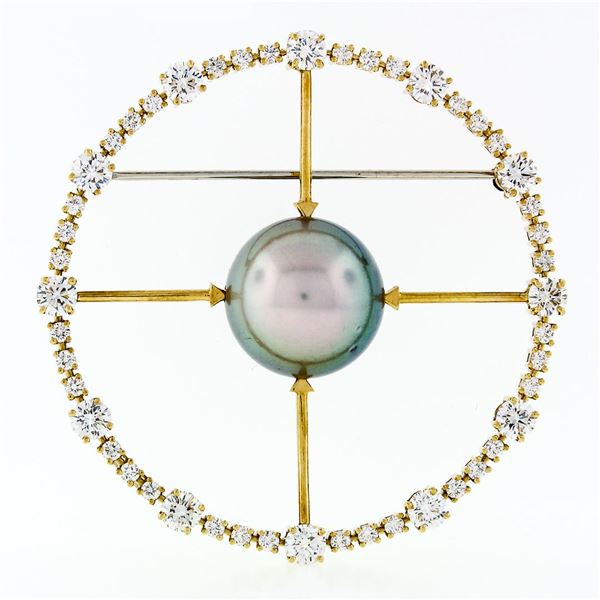 Vintage 18k Gold 3.06 ctw Diamond 4 Arrows on Tahitian Pearl Large Wreath Brooch
