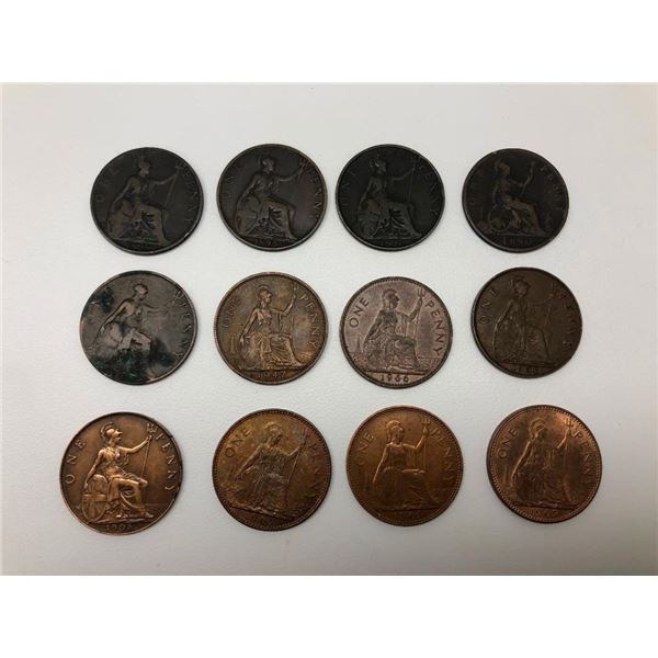 Lot Of 12 1880-1967 United Kingdom One Penny Coins
