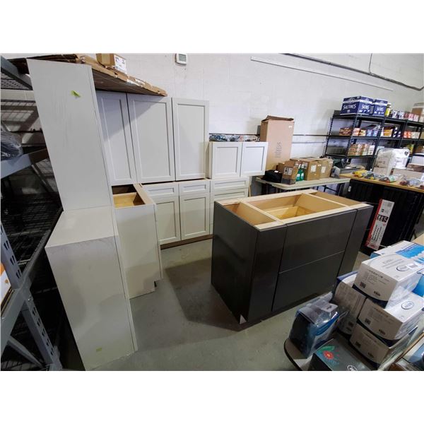 NEW 10 Pce Kitchen Cabinet set cream & dark maple island w/ drawers, corner base uppers and lowers. 