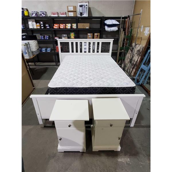 White Bedroom Set - Queen Size Bed Frame, Head and Foot Board & 2 Side Tables