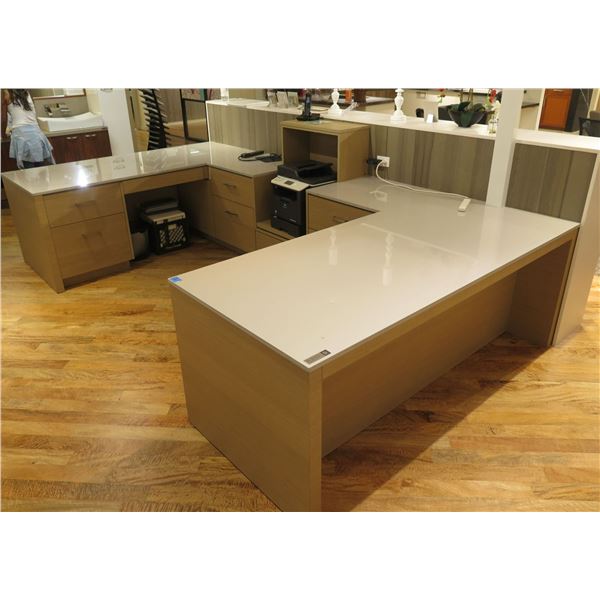Workstation - "U" Shape Ensemble, File Drawers, 6-Section Display Shelving, Printer Station