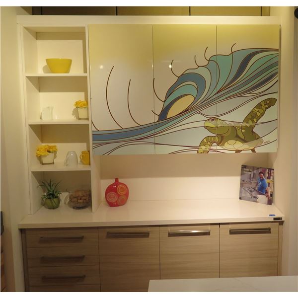 Buffet Station w/ Base Cabinets, Drawers, Open Shelving, 3-Panel Turtle Motif Upper Cabinets