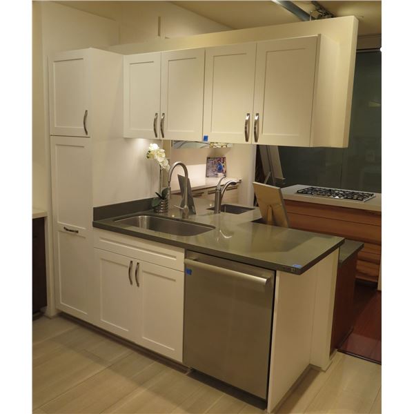 Silestone Counter, White Base & Upper Cabinets, 2 Sinks, Red Gum Drawers (dishwasher not included)