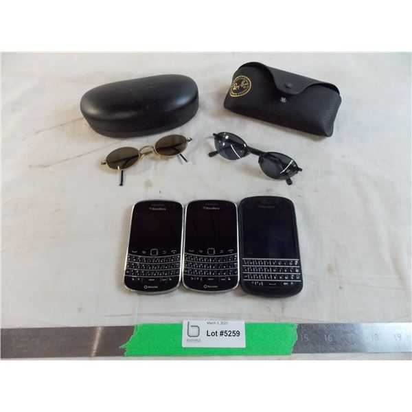 (3) blackberry cell phones (untested) + 2 used sunglasses - in different cases