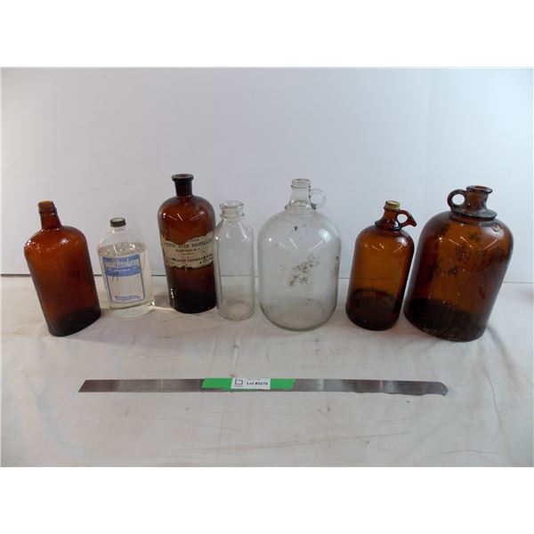 Javex Bottle, liquid petrolatum, acetic acid and other vintage glass jugs