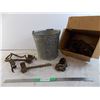 Image 1 : antique steel parts in galvanized bucket + box of misc