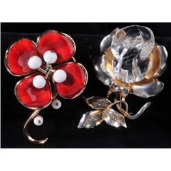 Signed Trifari Flower & Unsigned Lucite Rose Pins.