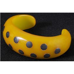 Bakelite Green Bracelet with Inlaid Black Dots.