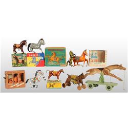 Lot of 9: Horse, Zebra, & Donkey Wind-Up Toys.