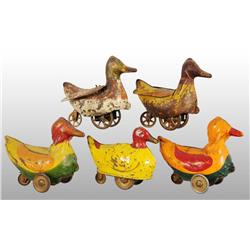 Lot of 5: Pressed Steel Duck Toys.