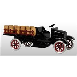 Pressed Steel Flivver Stake Bed Barrel Truck Toy.