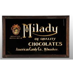 Reverse-on-Glass Milady Chocolates Sign.