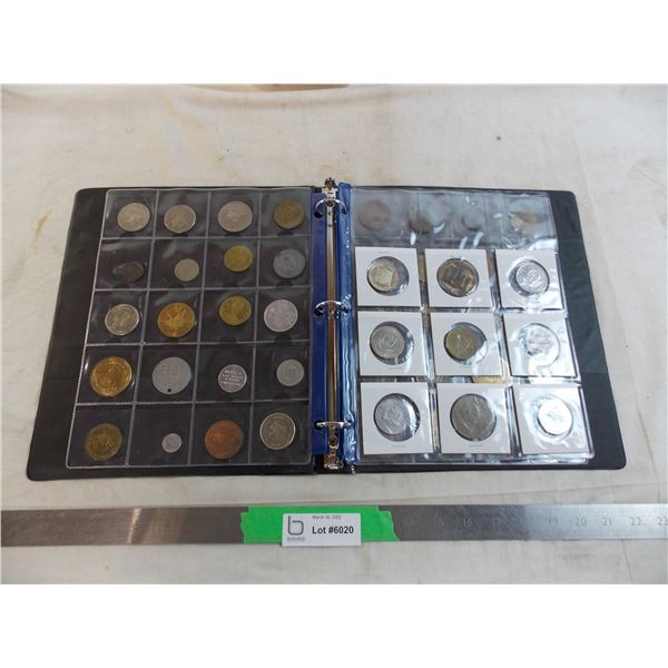 Binder with (3) pages of coins - variety, NHL, Souvenir, foreign,