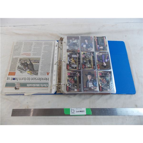 Binder with ~30 pages of Rodeo cards - 8 seconds + PBR trading cards (plus newspaper clippings)