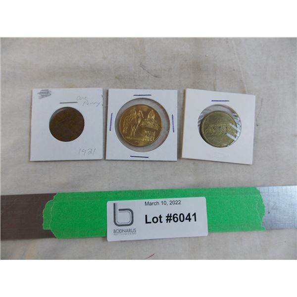 1921 penny, 1965 Saskatchewana Jubilee, misc coin