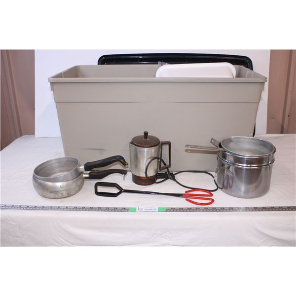 *Plastic Tote with Pots and misc items