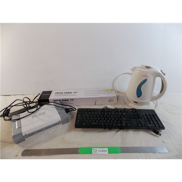 Keyboard, external DVD drive, patch panel, tea kettle