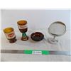 ash tray, mirror, beer bottle cups