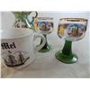 Image 5 : pitcher + bowl (bowl glued together) + 2 souvenir gold rimmed cups + sailboat mug