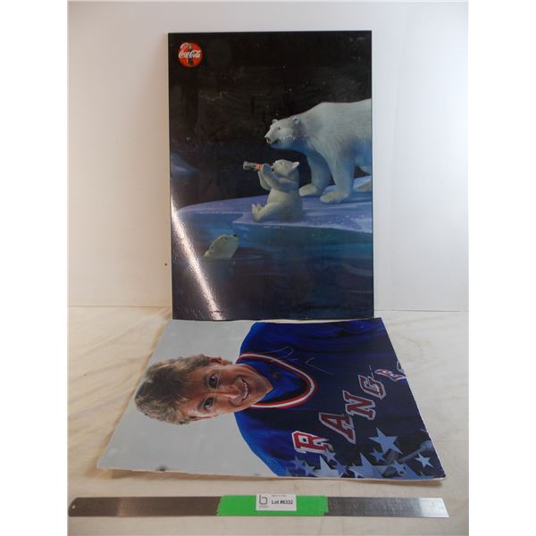 *coca-cola polar bear wall placard (scratched + water damage) + wayne gretzky print on plastic (bent