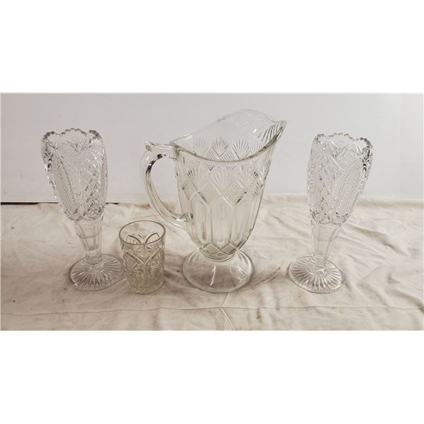 Cut glass wine glasses, pitcher, small cup