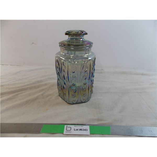 Vintage colored (carnival glass?) glass cookie jar with lid