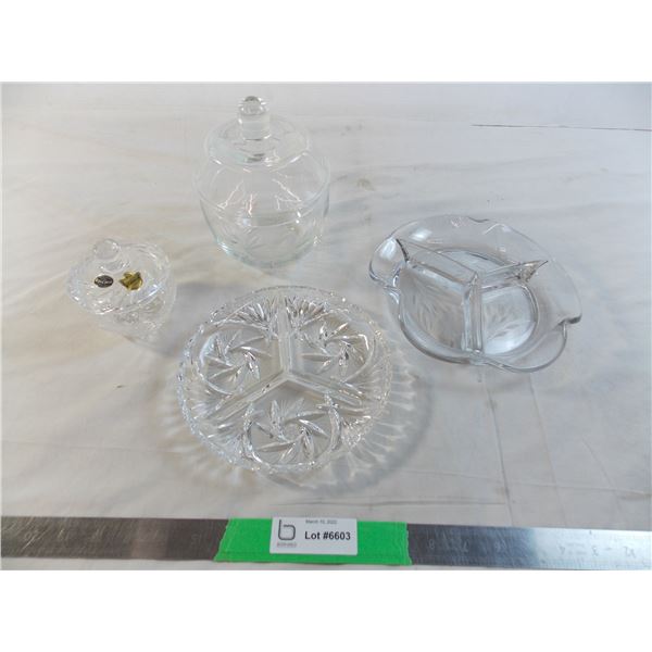 Crystal candy dish, cut glass divided dish, misc glassware