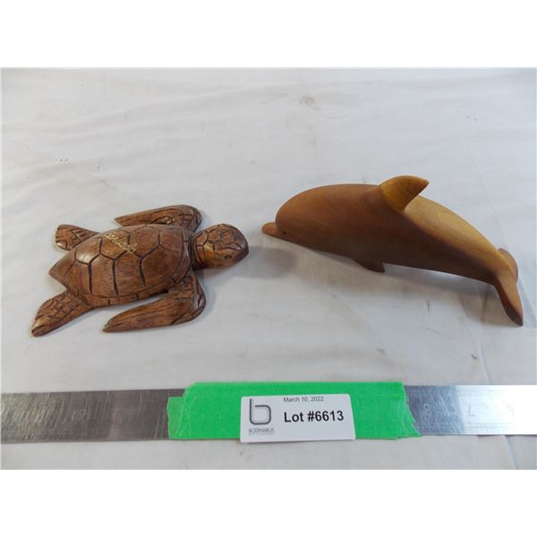 Barbados Sea Turtle + Dolphin (mahogany) wood carvings