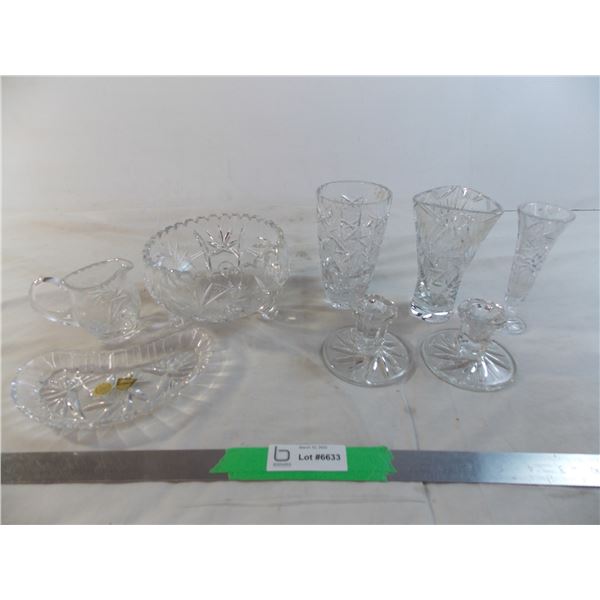 Crystal Glassware - candlesticks, cut glass candy bowl, vases