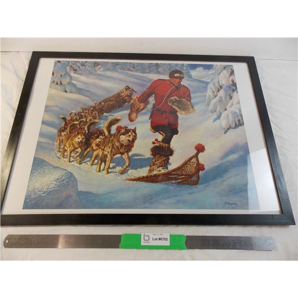 Mountee Snowshoeing with sled dogs - A. Friberg print in plastic frame - 29x21