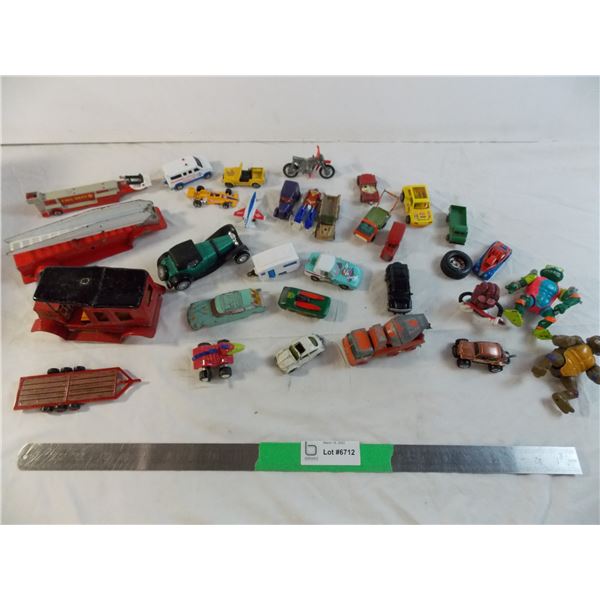 vintage toy cars, ninja turtles, raisin, tin parts toys