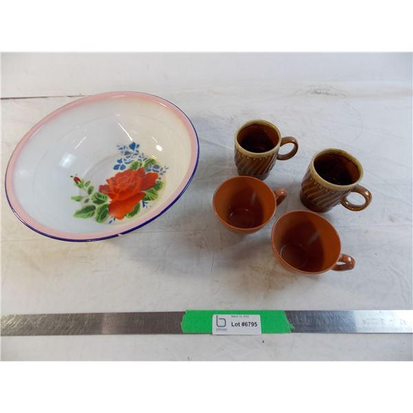 enamel bowl + (2) ceramic cups + (2) plastic cups